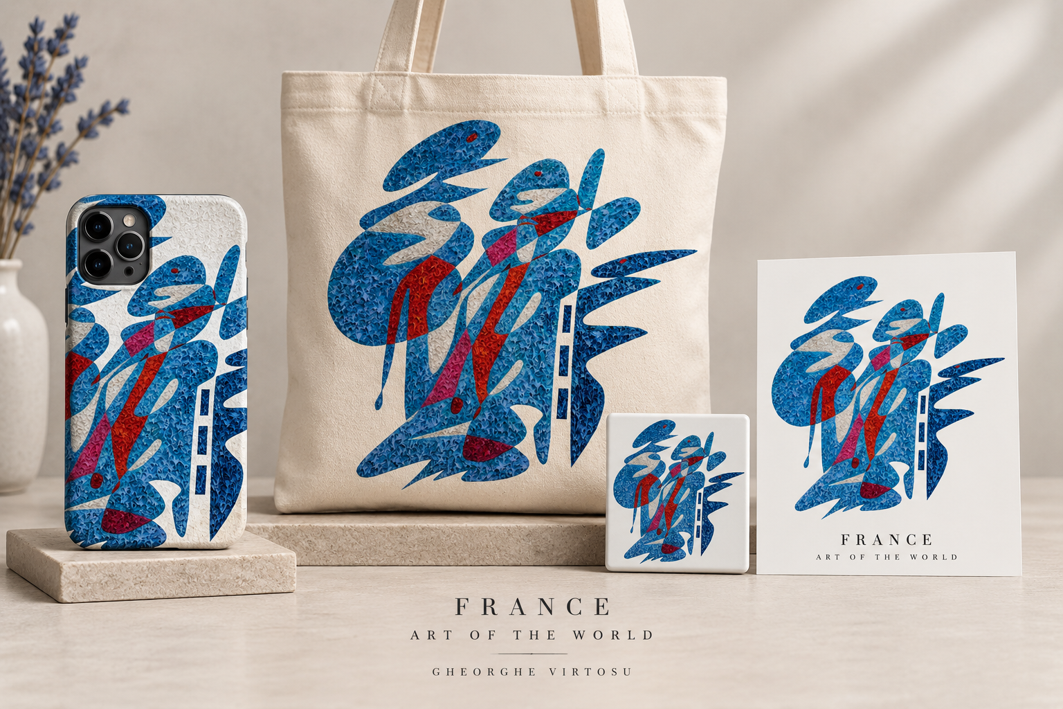 Colección Francia de Art of the World mostrada en funda de teléfono, tote bag, imán y postal