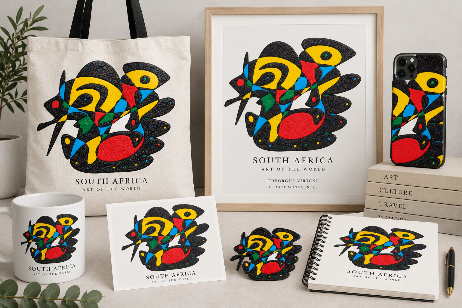 Obra de Sudáfrica de Gheorghe Virtosu presente en distintos objetos culturales y turísticos