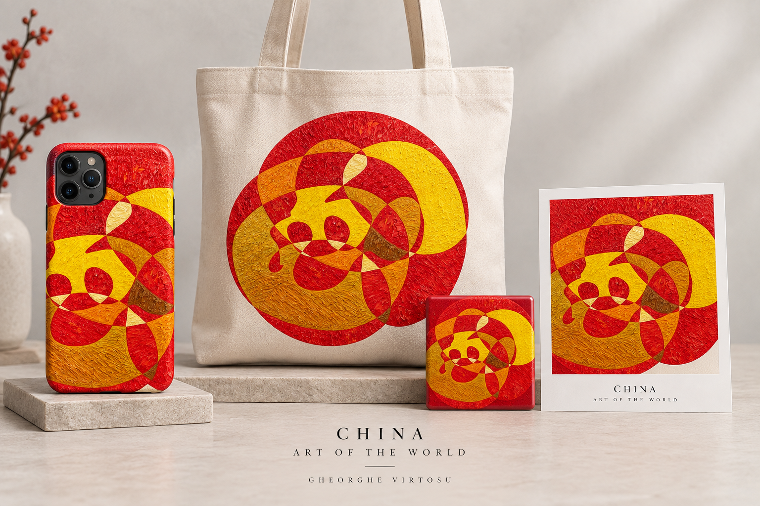 Colección China de Art of the World presentada en una funda de teléfono, una bolsa de tela, un imán y una postal