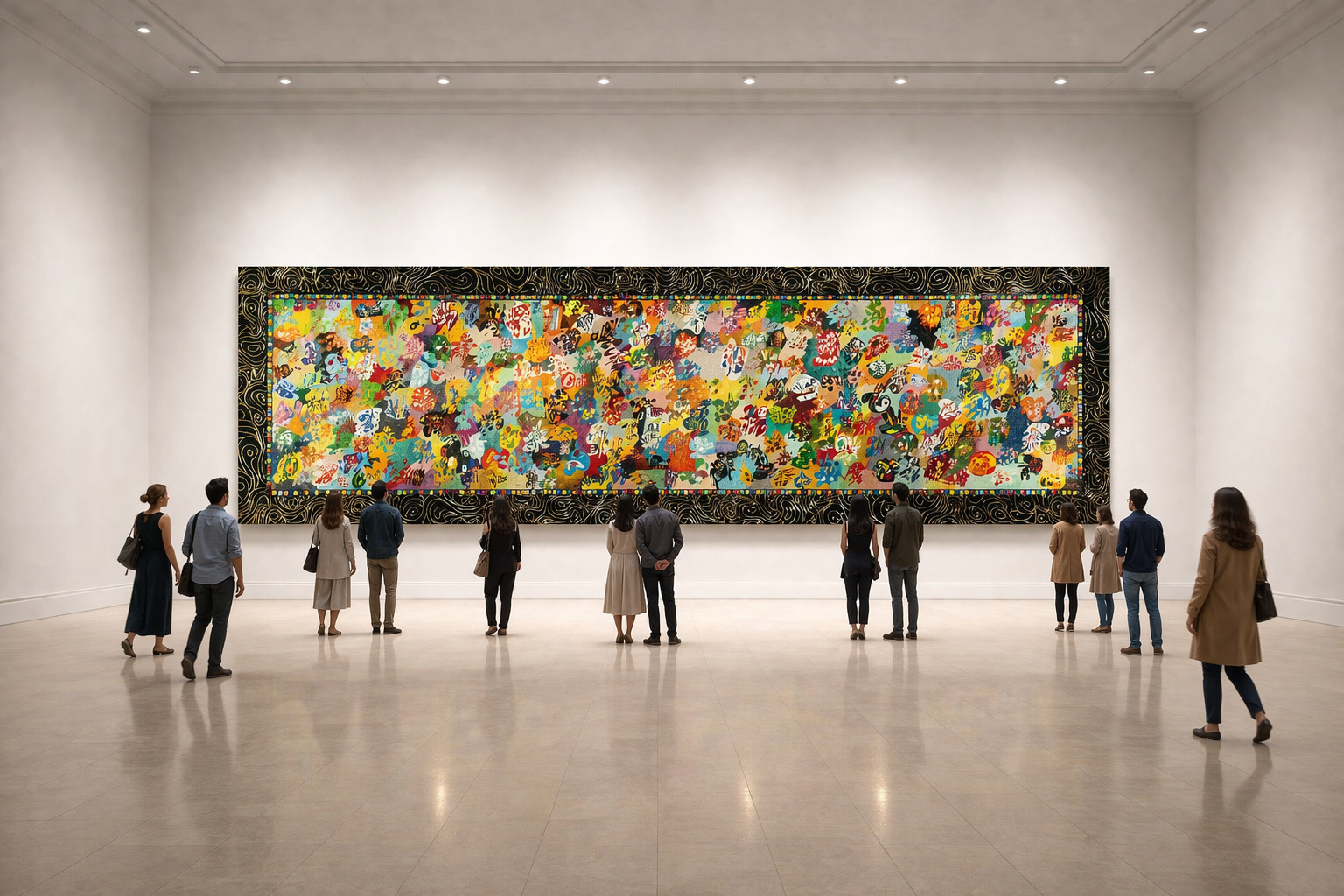 ADN Divino (2016), pintura abstracta panorámica monumental que explora la unidad humana a través de complejos patrones biomórficos y una vívida estructura cromática.
