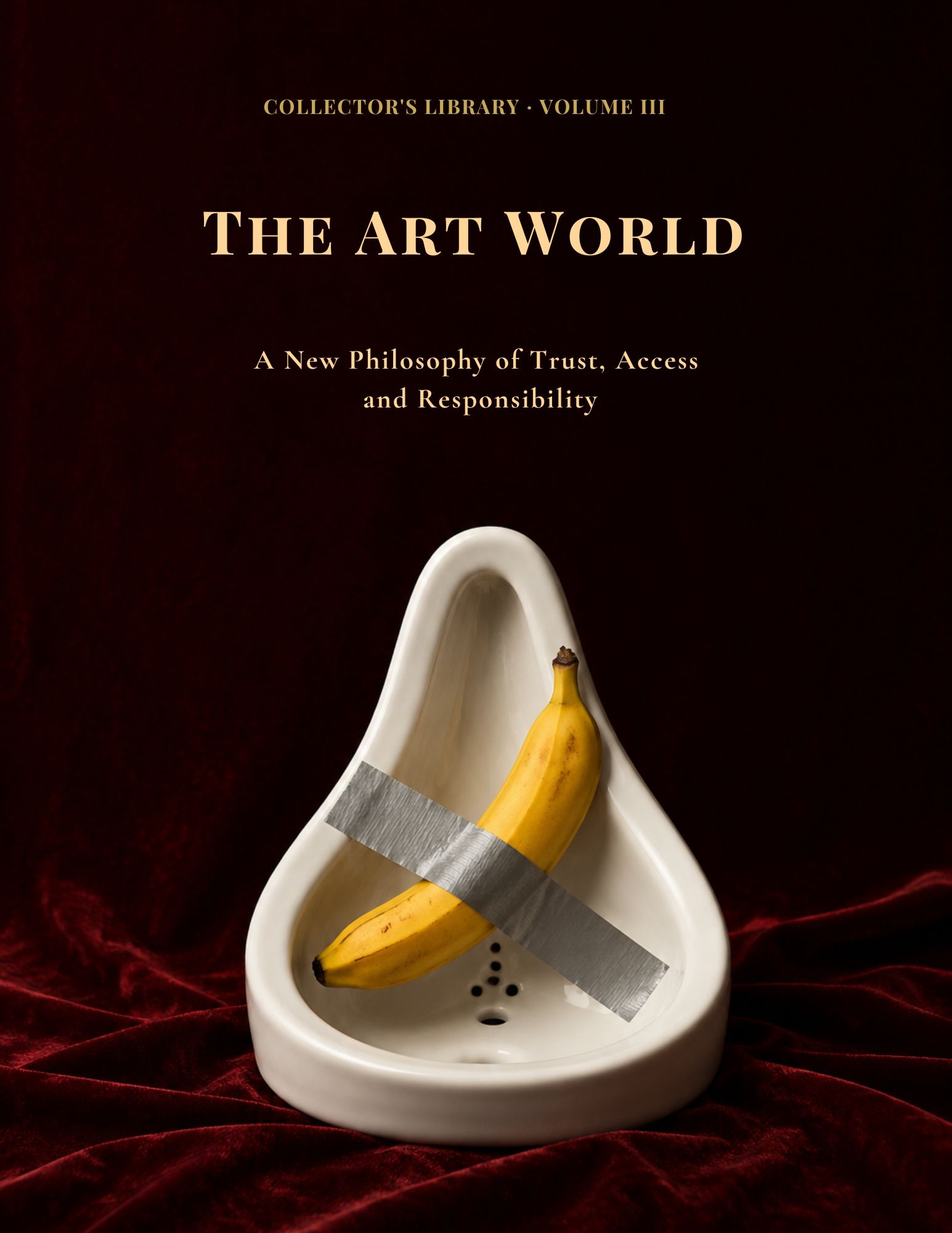 Portada de El mundo del arte: una nueva filosofía de la confianza, el acceso y la responsabilidad, con un plátano fijado con cinta adhesiva a un urinario de porcelana sobre terciopelo burdeos.